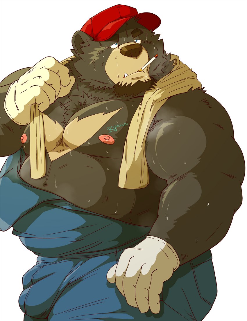 anthro belly big_belly black_body blue_clothing blue_overalls bodily_fluids bulge clothing cute_fangs fangs gloves handwear hat headgear headwear kemono male mature_male moobs musk nipples overalls overweight overweight_male smoking solo sweat teeth raichoclub bear mammal 2023 hi_res