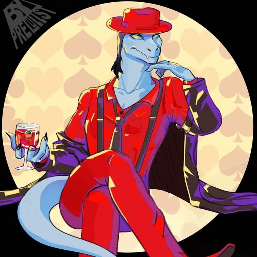 anthro bent_legs beverage black_hair claws clothed clothing crossed_legs eyeball grey_body hair hat headgear headwear leg_over_thigh looking_at_viewer male missing_finger necktie sitting solo yellow_eyes precolist disney star_vs._the_forces_of_evil toffee_(svtfoe) lizard reptile scalie septarian 1:1 2021