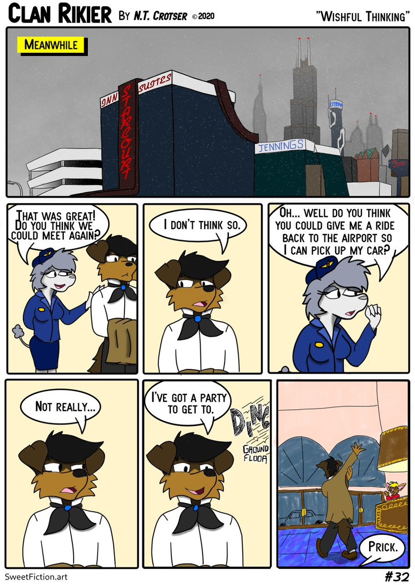 80's_themed anthro caninie chicago city dialogue elevator female flight_attendant fog hotel male necktie profanity rude skyline snow snowstorm text n._t._crotser sweetfiction clan_rikier anton_rikier bat canid canine canis dobermann domestic_dog mammal pinscher poodle 2020 comic english_text hi_res