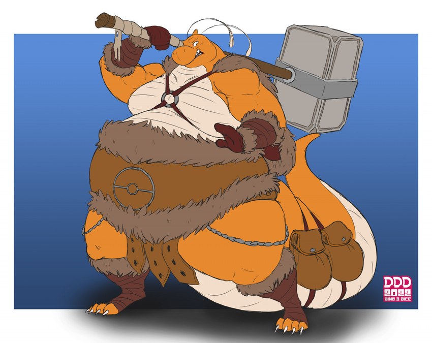 antennae_(anatomy) anthro bottomwear claws clothed clothing fangs gloves hammer handwear holding_hammer holding_object holding_tool loincloth looking_at_viewer male obese obese_anthro obese_male overweight overweight_anthro overweight_male pouch_(clothing) raised_tail scales snarling solo standing tail teeth tools dino.d.dice elden_ring fromsoftware mythology nintendo pokemon fan_character dragon dragonite generation_1_pokemon mythological_creature mythological_scalie pokemon_(species) scalie 2022 signature