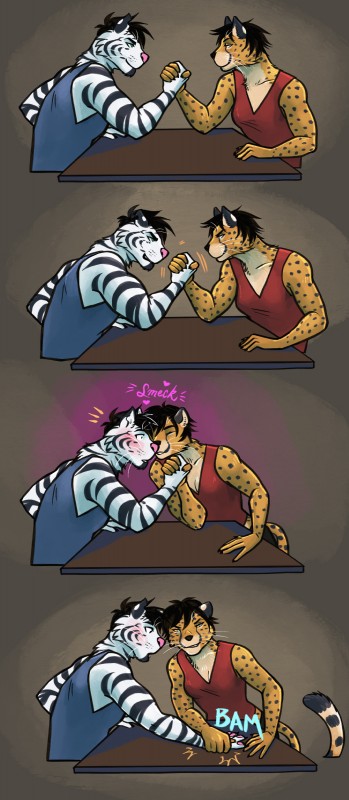 anthro black_hair blush clotched duo female green_eyes hair hand_holding kissing male scar stripes whiskers yellow_eyes beleoci edron_(mr-yiffy) eva_(mr-yiffy) cheetah felid feline mammal pantherine tiger absurd_res hi_res