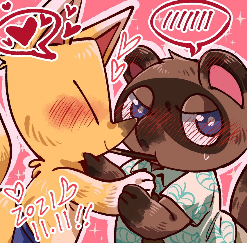 angry anthro blue_eyes blush blush_symbol duo embarrassed eyes_closed food heart_reaction heart_symbol heart_triplet male male/male multi_heart_reaction outline_heart pocky_game pocky_in_mouth speech_bubble text_with_heart shandrawaka animal_crossing nintendo pocky pocky_and_pretz_day crazy_redd tom_nook_(animal_crossing) canid canine fox mammal raccoon_dog tanuki 2021 dated hi_res pictographics signature