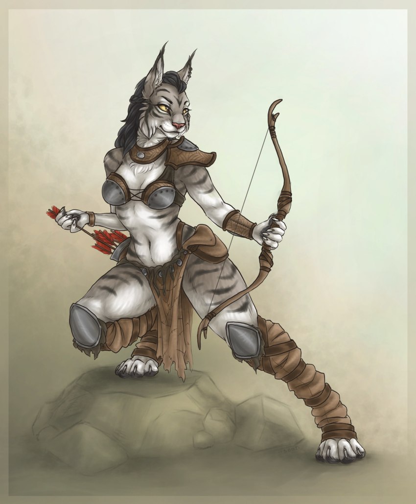 4_toes anthro arrow_(weapon) bow_(weapon) breasts cleavage clothed clothing ear_piercing ear_ring feet female midriff piercing pose ranged_weapon ring_piercing solo toes tribal weapon s00t mira_(spectronic) felid feline lynx mammal hi_res