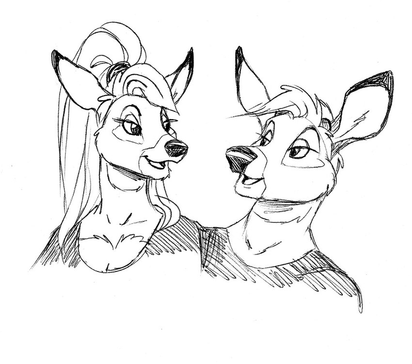 anthro clothed clothing duo female hair looking_at_another male open_mouth ponytail megan_giles ninevah deer mammal mule_deer new_world_deer 2021 black_and_white monochrome