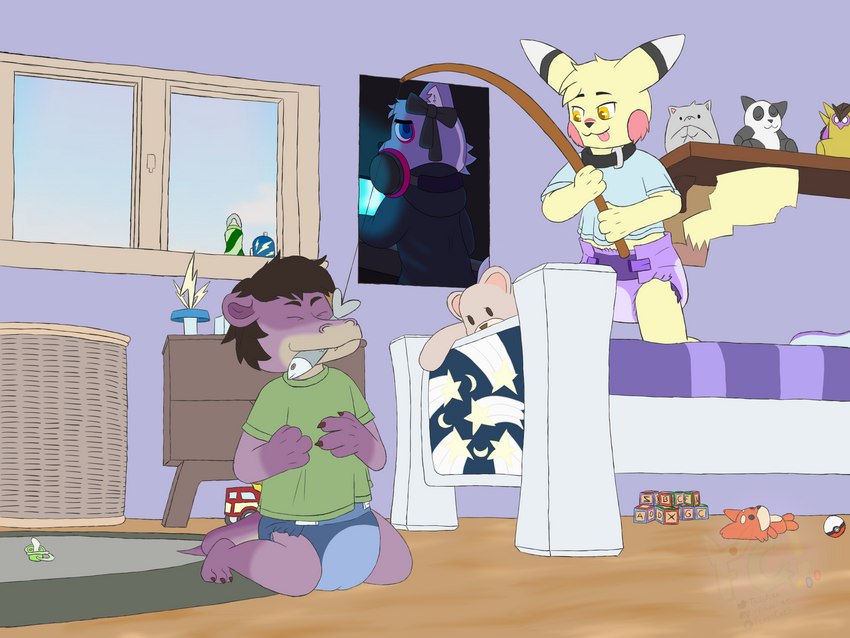 anthro baby_bottle bear_plushie bed clothed clothing diaper duo fishing_rod furniture lamp male plushie pokeball poster rug sippy_cup toy wearing_diaper fennecat aggretsuko hanamaru_youchien nintendo pixile_studios pokemon sanrio super_animal_royale miles_(fennecat) panda_neko shikabane_(aggretsuko) wingman_(valorant) ambulocetid ambulocetus archaeoceti cetacean generation_1_pokemon mammal marine pikachu pokemon_(species) prehistoric_species 4:3 hi_res