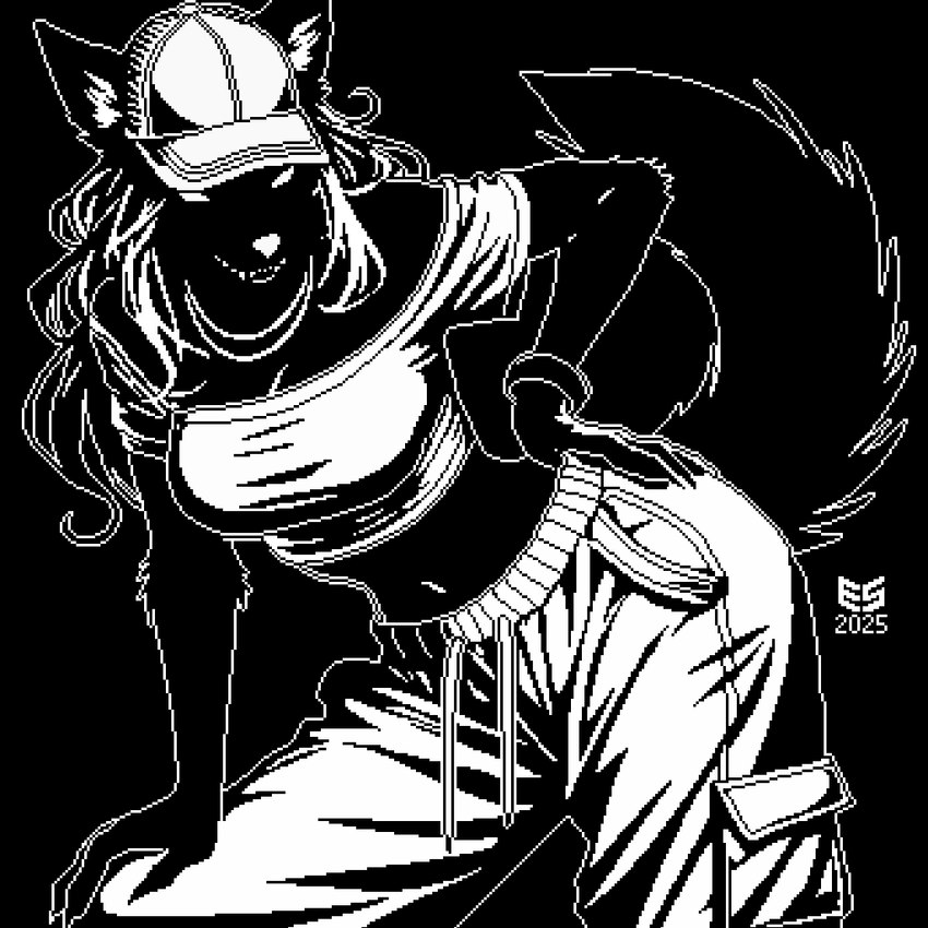 anthro baseball_cap breasts cleavage clothed clothing crop_top drawstring drawstring_bottomwear female hand_on_hip hat headgear headwear midriff off_shoulder shirt solo topwear ezeeshady canid canine canis mammal wolf 2025 black_and_white digital_media_(artwork) monochrome pixel_(artwork)