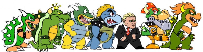 blonde_hair blue_body blue_skin crown fangs green_body green_skin group hair headgear machine male necktie orange_hair red_eyes shell spiked_shell spikes spikes_(anatomy) teeth yellow_sclera pocket-arsenal mario_bros nintendo super_mario_bros._(1993) super_mario_bros_super_show bowser king_koopa human mammal reptile robot scalie digital_media_(artwork)