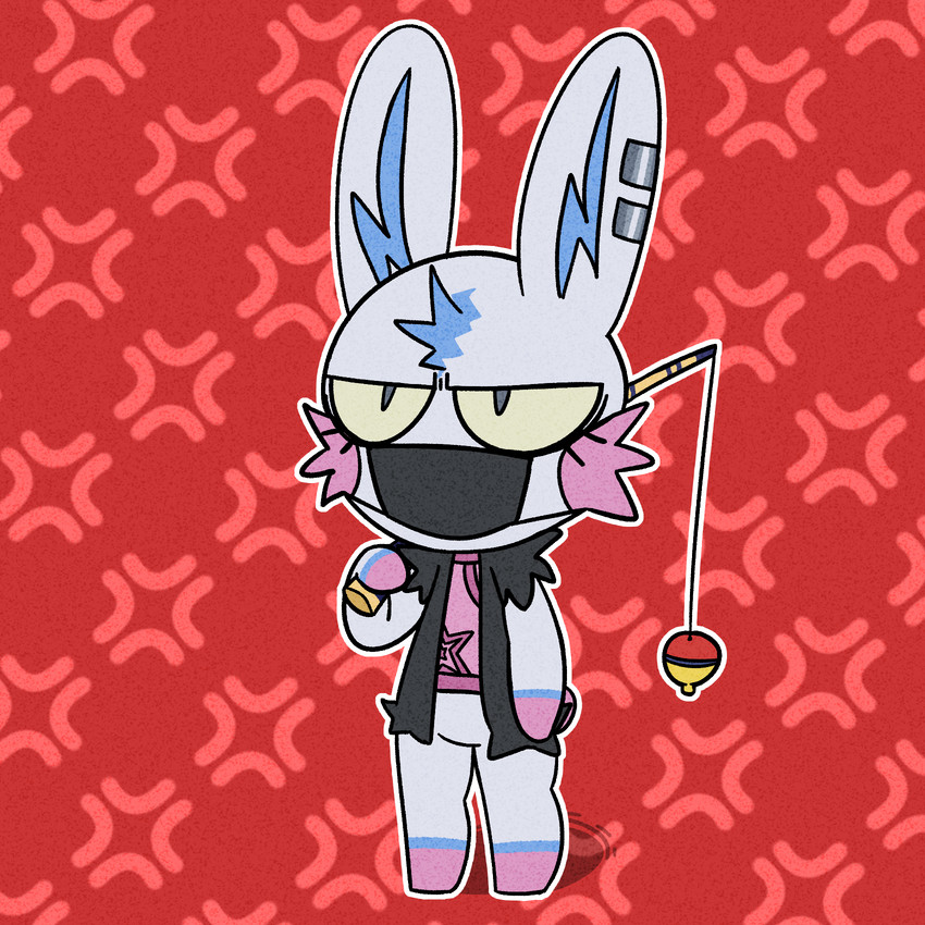 alternative_fashion ambiguous_gender anthro chibi clothing ear_piercing face_mask featureless_crotch featureless_feet featureless_hands feet fishing_rod frown jacket leather leather_clothing leather_jacket leather_topwear pattern_background piercing punk simple_background solo topwear itchi animal_crossing nintendo fan_character lagomorph leporid mammal rabbit 1:1 hi_res