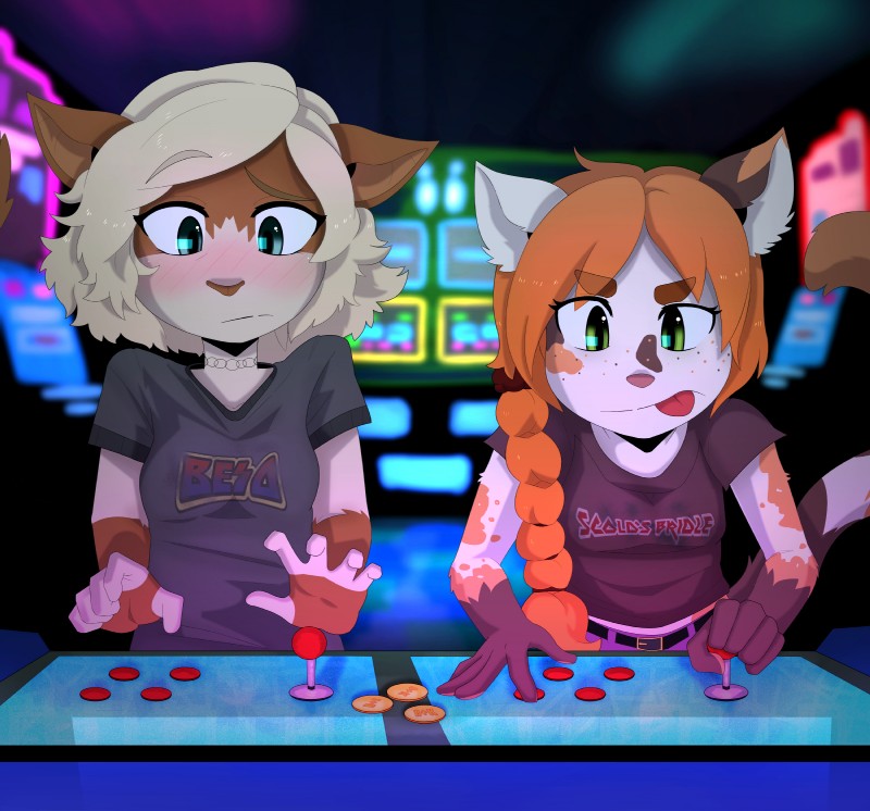 5_fingers anthro arcade clothed clothing controller duo female fingers front_view fur game_controller gaming green_eyes hair mottled multicolored_body multicolored_fur orange_hair piebald playing_video_game tongue tongue_out young young_anthro gothbunnyboy ketzio cali_(kittyprint) hailey_(kittyprint) calico_cat domestic_cat felid feline felis mammal absurd_res hi_res