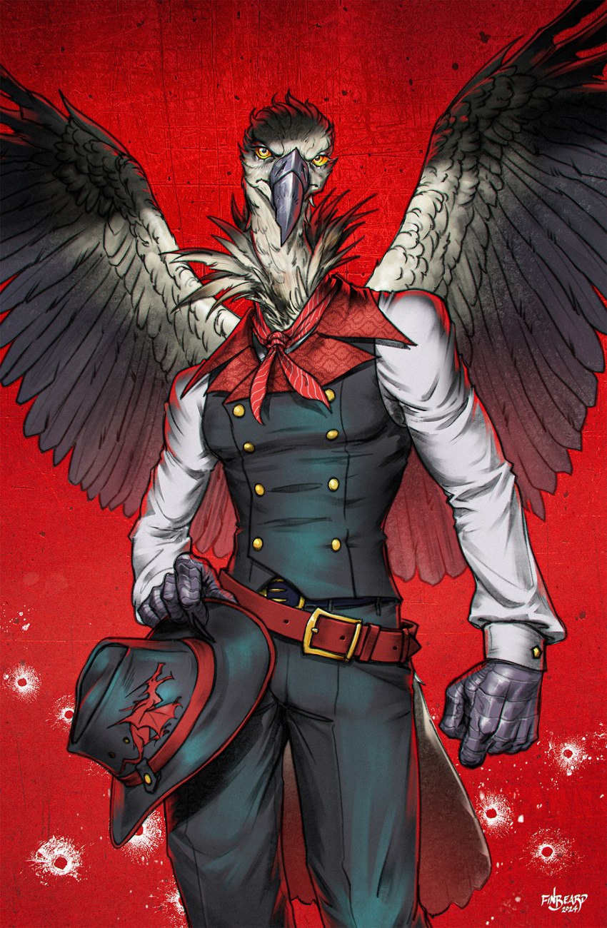 anthro beak belt clothing feathered_wings feathers hat headgear headwear looking_at_viewer male shirt solo standing topwear wings finbeard accipitriform avian bird vulture digital_drawing_(artwork) digital_media_(artwork) hi_res