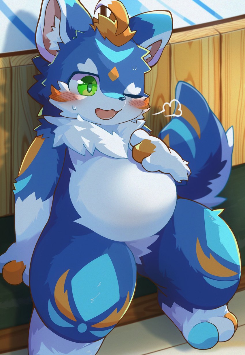 anthro bloated blue_body blue_fur blush blush_lines bodily_fluids breath fur glistening glistening_eyes green_eyes inner_ear_fluff kemono male one_eye_closed open_mouth orange_body orange_fur slightly_chubby solo sweat sweatdrop tail tongue tuft white_body white_fur wink young young_anthro young_male tsukio21 production_taiikukan lion_(fw_rion) canid mammal hi_res