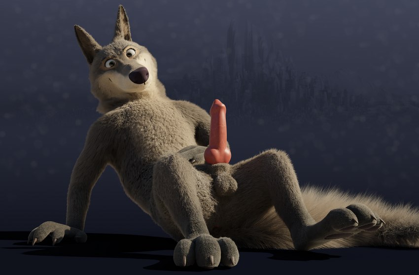 animal_genitalia animal_penis anthro anus balls black_nose canine_genitalia canine_penis claws ears_up erection fluffy fluffy_tail fur furry_balls genitals grey_body grey_fur hand_on_belly knot looking_at_viewer lying male pawpads penis pink_penis presenting simple_background smile solo spread_legs spreading tail rockyrcoon disney zootopia officer_wolfard canid canine canis mammal wolf 3d_(artwork) blender_(artwork) digital_media_(artwork)