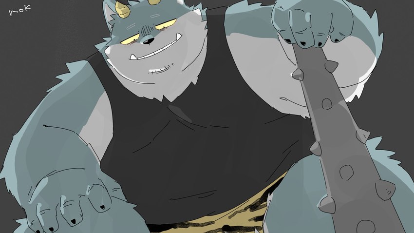 anthro black_nose clothing horn kemono male overweight overweight_male shirt simple_background solo topwear weapon uokkom setsubun canid canine mammal 2025 hi_res