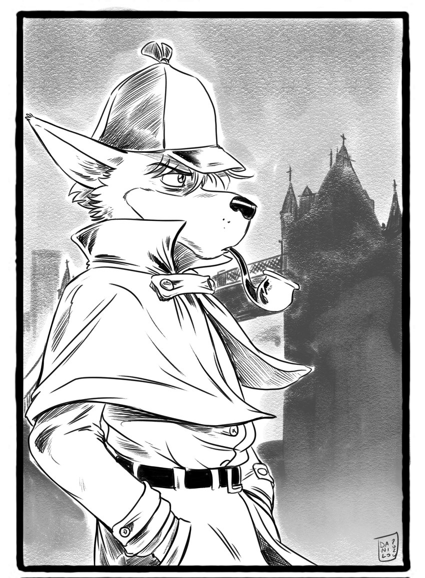 anthro belt clothing hat headgear headwear male pipe solo furryrevolution sherlock_hound canid canine mammal 2020 hi_res monochrome