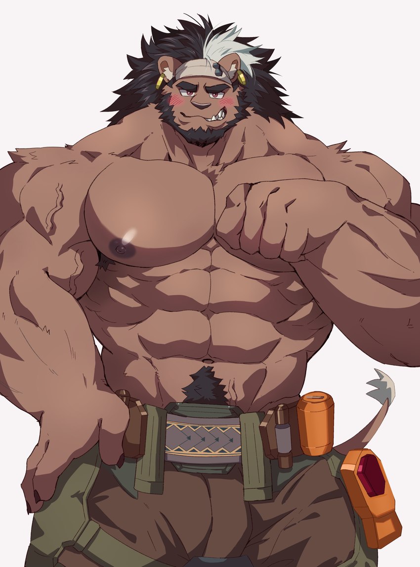 abs anthro armpit_hair beard belt biceps big_biceps big_deltoids big_muscles big_pecs black_hair body_hair bottomwear brown_body brown_bottomwear brown_clothing brown_fur brown_pants claws clothed clothing deltoids ear_piercing ear_ring facial_hair finger_claws fur grin hair hand_on_hip happy_trail inner_ear_fluff male muscular muscular_anthro muscular_arms muscular_male navel nipples obliques pants pecs piercing pubes ring_piercing smile solo tail tail_tuft topless tuft utility_belt vein veiny_muscles white_hair tamainu blizzard_entertainment overwatch mauga_(overwatch) felid lion mammal pantherine 2023 absurd_res hi_res