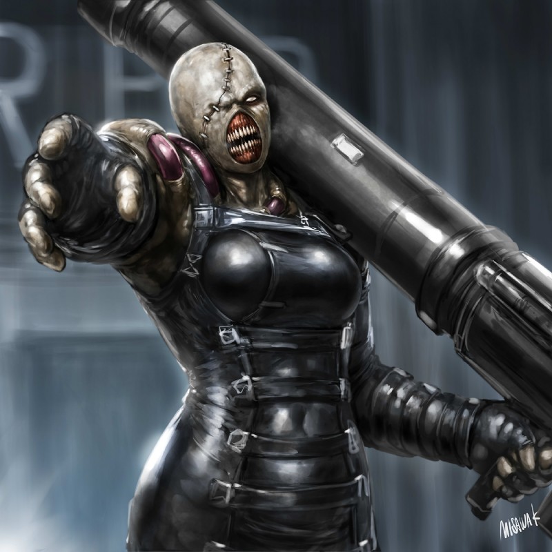 breasts clothing crossgender female fingerless_gloves gloves handwear looking_at_viewer not_furry open_mouth ranged_weapon rocket_launcher solo weapon misawa_kei capcom resident_evil nemesis_(resident_evil) bow_experiment_(resident_evil) flesh_creature humanoid monster monstrous_humanoid t-virus_mutant_(resident_evil) tyrant_(resident_evil) undead zombie 1:1 hi_res signature