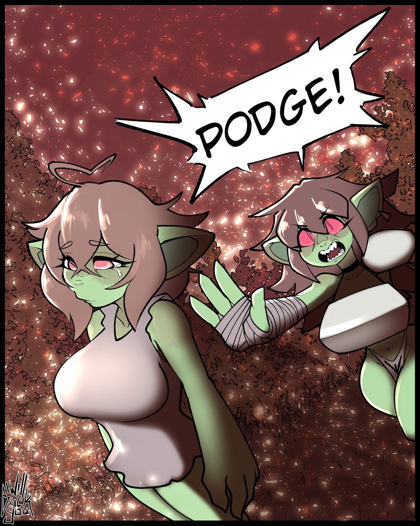 4_fingers arm_wraps armor big_breasts big_ears bodily_fluids breastplate breasts brown_hair crying duo female fingers fire green_body hair not_furry open_mouth red_eyes red_sclera tears teeth_showing unconvincing_armor wraps da3rd goobie_(da3rd) podge_(da3rd) goblin humanoid 4:5 absurd_res comic hi_res