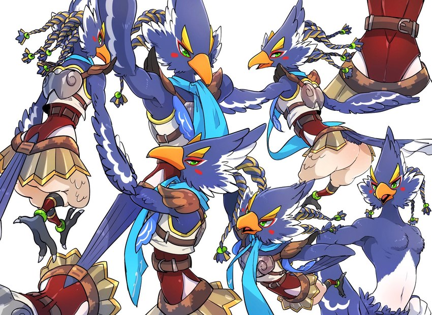 anthro armor beak blue_body blue_feathers blush braided_hair butt clothed clothing feathers feet hair male navel nude open_mouth pecs scarf solo talons text toes tongue topless popemadara breath_of_the_wild nintendo the_legend_of_zelda revali avian bird rito english_text hi_res multiple_images