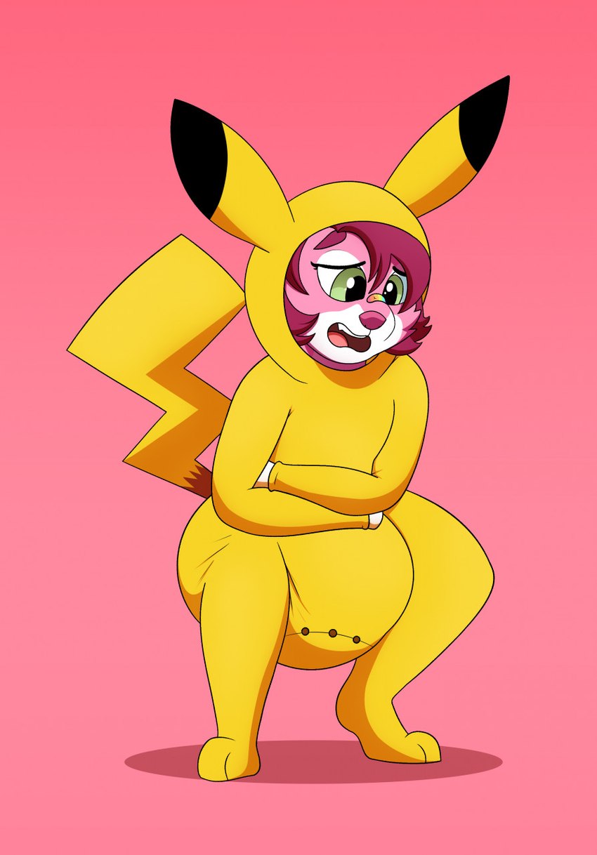 anthro clean_diaper clothed clothing costume crouching diaper diaper_under_clothing diaper_under_onesie female omorashi onesie pokemon_costume solo straining wearing_diaper imces nintendo pokemon canid canine canis generation_1_pokemon mammal pikachu pokemon_(species) wolf hi_res