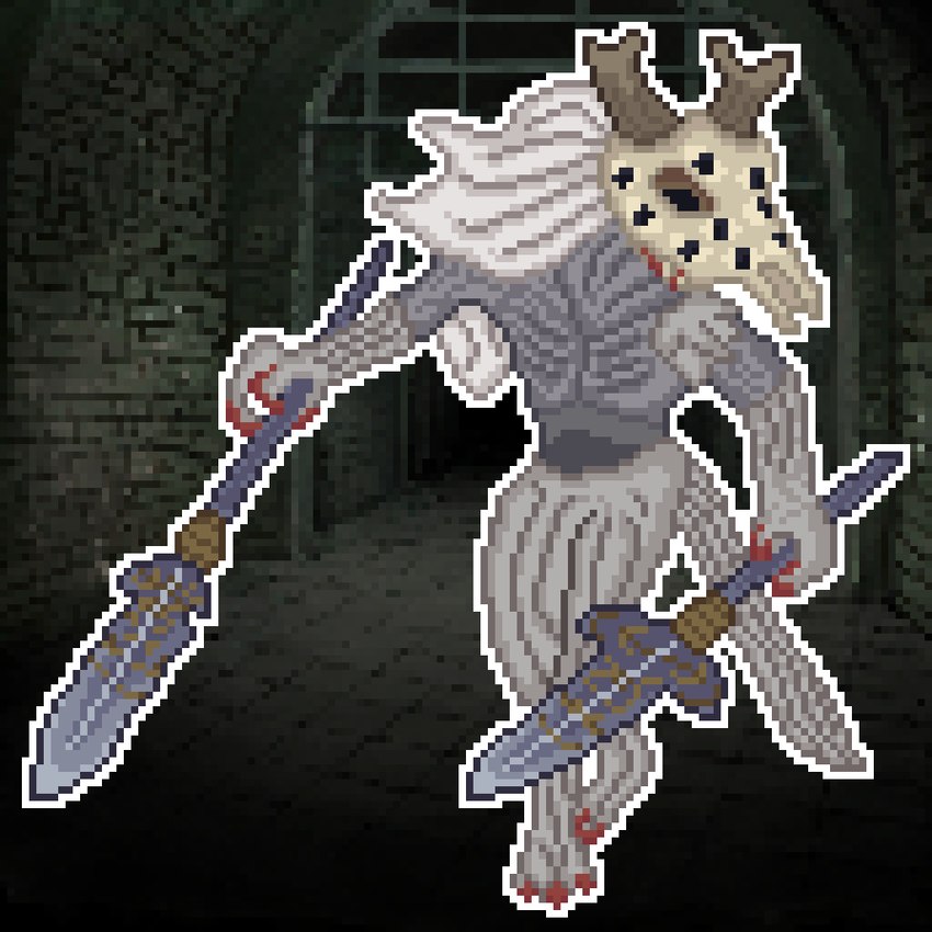 2_horns 3_fingers 3_toes anthro bone border brown_horn claws eye_markings featureless_crotch feet fingers furless_torso hair holding_melee_weapon holding_object holding_polearm holding_spear holding_weapon horn inside long_hair looking_away male markings mask melee_weapon nude polearm raised_foot red_claws skull skull_mask solo spear standing tail toe_claws toes tunnel weapon white_border white_hair mrccdude fear_&_hunger_2:_termina fear_and_hunger rancid_the_sergal sergal 1:1 2024 colored digital_media_(artwork) pixel_(artwork)