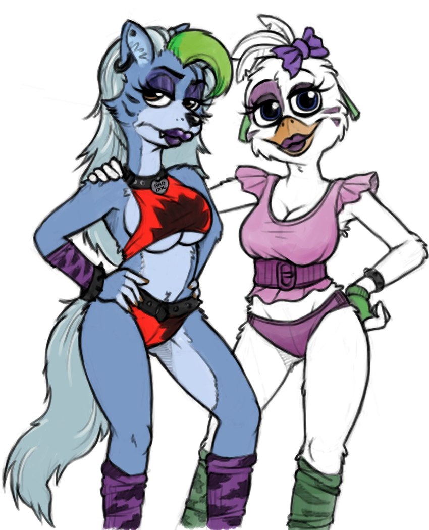 alternate_species anthro breasts clothing duo ear_piercing ear_ring female furrification medium_breasts panties piercing ring_piercing sports_panties under_boob underwear half-dude five_nights_at_freddy's five_nights_at_freddy's:_security_breach scottgames steel_wool_studios glamrock_chica roxanne_wolf avian bird canid canine canis chicken galliform gallus_(genus) mammal phasianid wolf 2021 hi_res