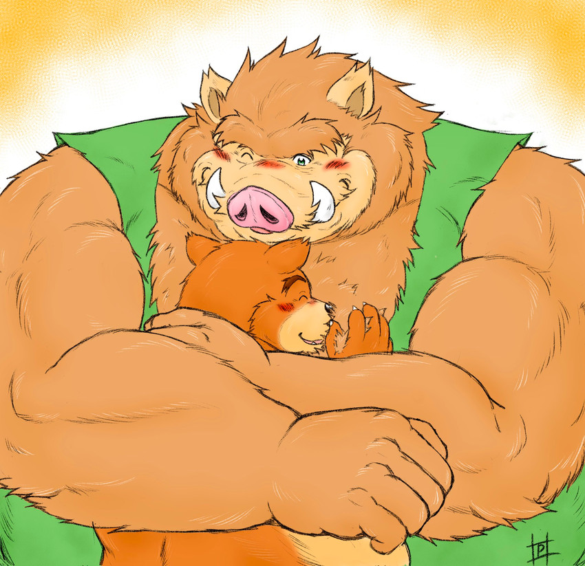 anthro blush brown_body brown_fur duo fur hug kemono male male/male musclegut muscular one_eye_closed overweight overweight_male wink pochizizi dragon_quest square_enix bear mammal orc_(dragon_quest) suid suine sus_(pig) wild_boar 2021 hi_res