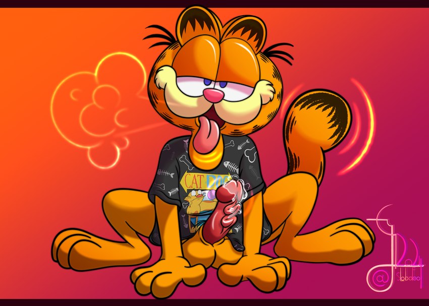 anthro aroused aroused_face balls blue_eyes bodily_fluids bottomless bottomless_male clothed clothing cum cum_drip dripping genital_fluids genitals male precum precum_drip shirt solo sweat tail tongue tongue_out topwear conditional_dnp lobofeo catdog_(series) garfield_(series) nickelodeon garfield_the_cat domestic_cat felid feline felis mammal absurd_res hi_res