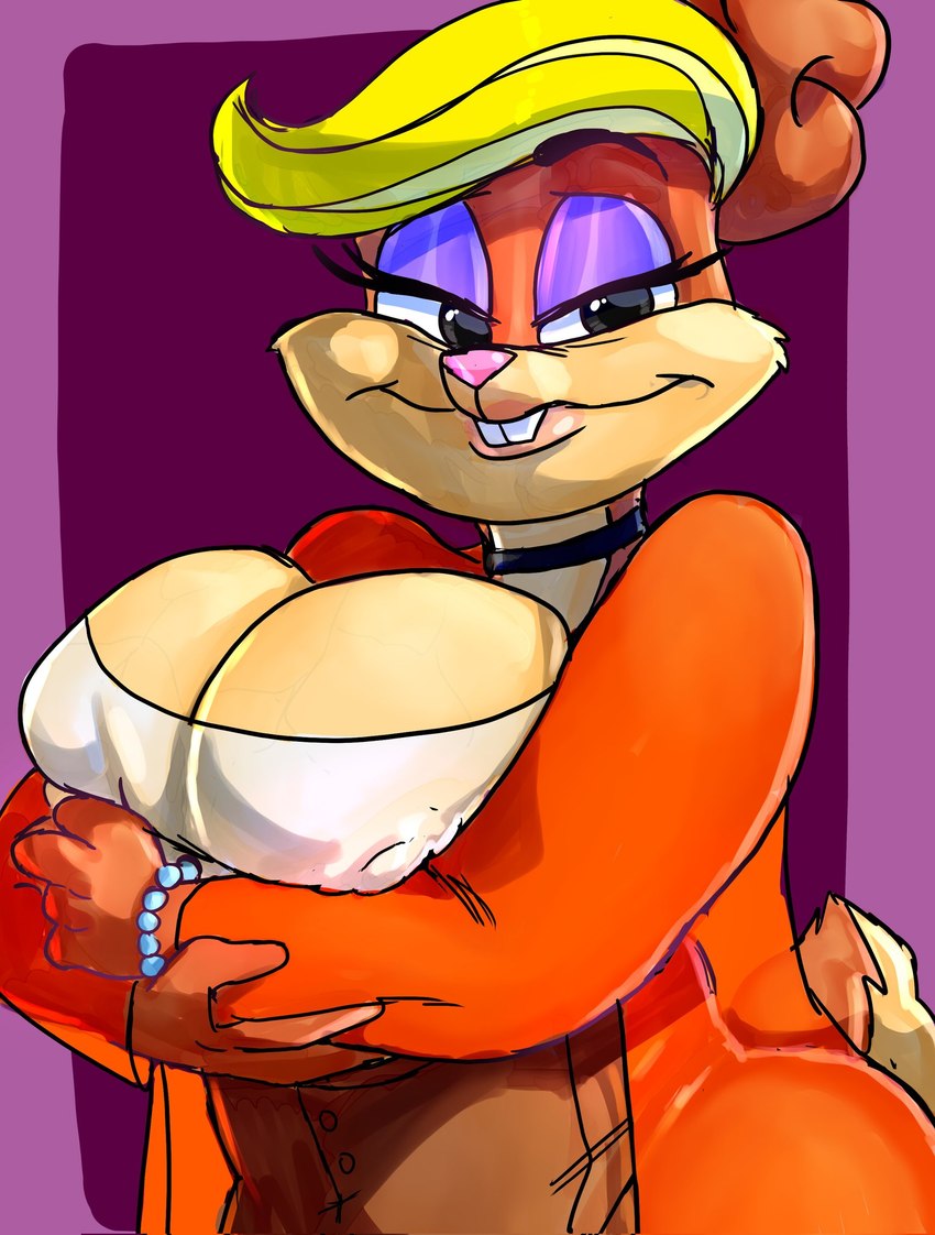 anthro big_breasts blonde_hair bracelet breast_squish breasts buckteeth choker cleavage clothed clothing eyeshadow female fur hair jewelry looking_at_viewer makeup mature_anthro mature_female necklace nipple_outline purple_eyeshadow short_tail simple_background smile solo squish tail teeth seanmalikdesigns looney_tunes the_looney_tunes_show warner_brothers patricia_bunny lagomorph leporid mammal rabbit 2022 hi_res