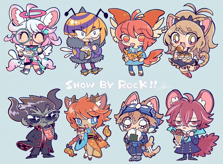 agejo alternative_fashion beverage blue_background chibi clothed clothing dessert drinking_straw eyewear female food fried_egg glasses group gyaru honey_(food) ice_cream j-fashion male ninja onigiri rice simple_background soda sujimori_hair sunglasses tail tail_motion tailwag takoyaki text warrior kanekoshake sanrio show_by_rock!! arashi_(show_by_rock!!) citti_(show_by_rock!!) fujiraid_(show_by_rock!!) gyaraco_(show_by_rock!!) hatchin_(show_by_rock!!) kuwagatatsuya_(show_by_rock!!) maro_(show_by_rock!!) rikao_(show_by_rock!!) african_wild_dog_humanoid animal_humanoid arthropod arthropod_humanoid bee bee_humanoid beetle_humanoid bumble_bee_(species) canid canid_humanoid canine canine_humanoid crab_humanoid crustacean crustacean_humanoid galago_humanoid giraffid giraffid_humanoid humanoid hymenopteran hymenopteran_humanoid insect insect_humanoid mammal mammal_humanoid marine marine_humanoid okapi_humanoid primate primate_humanoid shiba_inu_humanoid copyright_name english_text hi_res