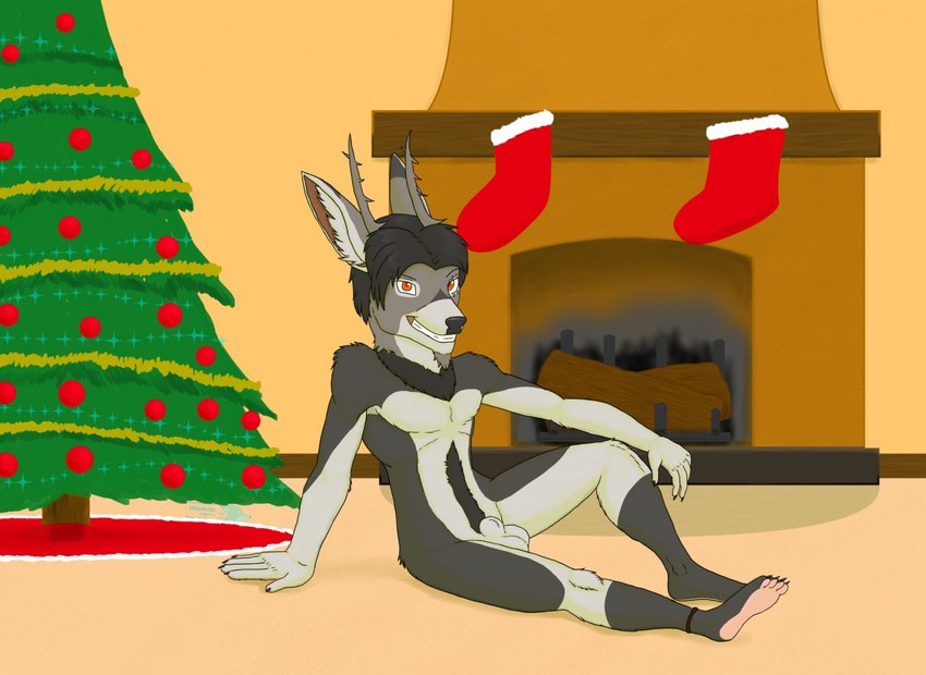 animal_genitalia anklet anklet_only anthro antlers black_hair black_nose christmas_decorations christmas_stocking christmas_tree eye_scar facial_scar feet fireplace full_pad fully_sheathed fur genitals grey_body grey_fur hair holidays horn jewelry male neck_tuft orange_eyes paws plant plantigrade scar sheath tree tuft mikearctic christmas ra'deer cervine deer mammal 2017