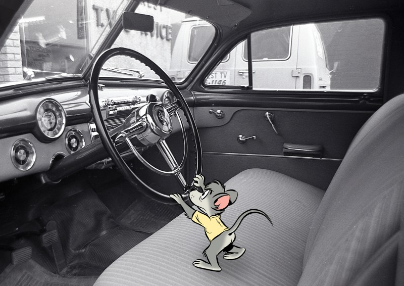 ambiguous_gender anthro bottomless car clothed clothing inside_car inside_vehicle license_plate micro photo shirt solo steering_wheel topwear vehicle mike_kazaleh buick general_motors mammal mouse murid murine rodent