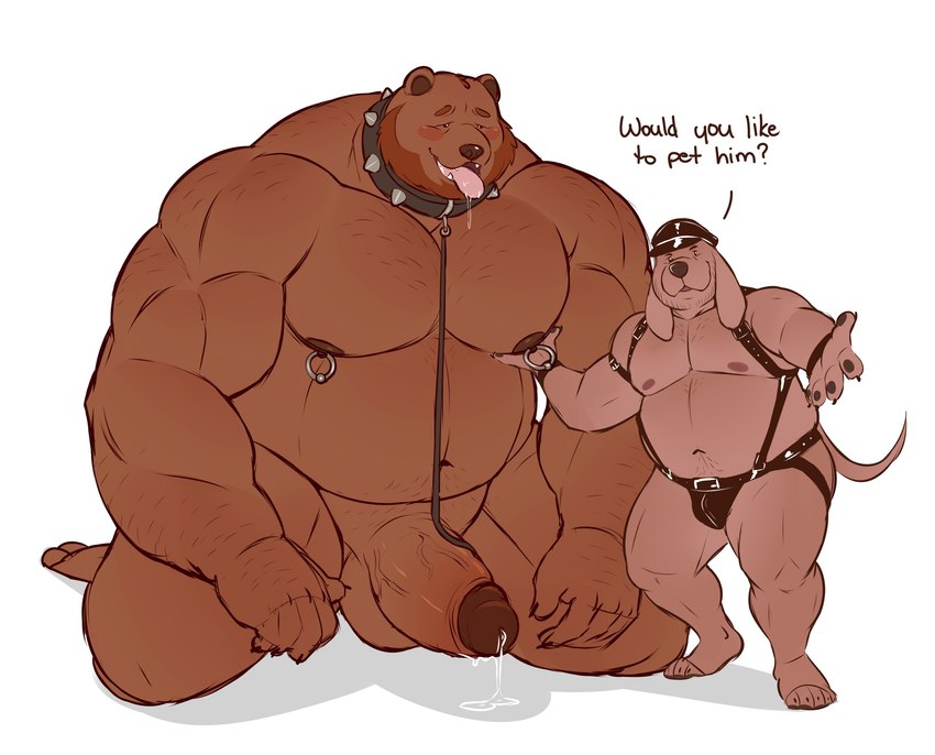 anthro anthro_on_anthro balls barazoku barefoot bdsm beard belly belt biceps big_balls big_belly big_muscles big_nipples big_pecs big_penis blush bodily_fluids bulge claws clothed clothing collar deltoids dialogue dominant dominant_anthro dominant_male drooling duo erection eyebrows facial_hair feet fur genital_fluids genitals hand_on_chest hand_on_pecs harness hat headgear headwear huge_balls huge_muscles huge_pecs huge_penis huge_thighs humanoid_genitalia humanoid_penis inviting kneeling leash leather leather_daddy looking_at_viewer male male/male manly musclegut muscular muscular_anthro muscular_male muscular_sub narrowed_eyes navel nipple_piercing nipple_ring nipples nude open_mouth open_smile pawpads pec_grab pecs penis piercing plantigrade precum ring_piercing saliva shadow simple_background size_difference small_dom_big_sub smile spiked_collar spikes standing submissive submissive_anthro submissive_male suspenders talking_to_viewer teeth text thick_penis thick_thighs thong tongue tongue_out tuft underwear vein white_background wristband manlyster bear canid canine canis domestic_dog mammal 2023 english_text hi_res