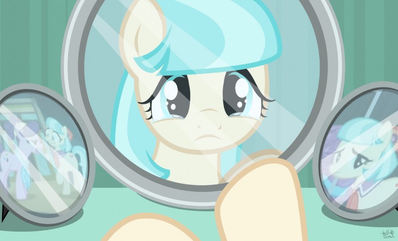 blue_eyes bodily_fluids crying cutie_mark female fur hair looking_at_mirror looking_at_object mirror multicolored_hair pink_body pink_fur purple_hair reflection sad solo tears two_tone_hair white_body white_fur tellabart friendship_is_magic hasbro my_little_pony coco_pommel_(mlp) suri_polomare_(mlp) earth_pony equid equine horse mammal pony 2014 hi_res