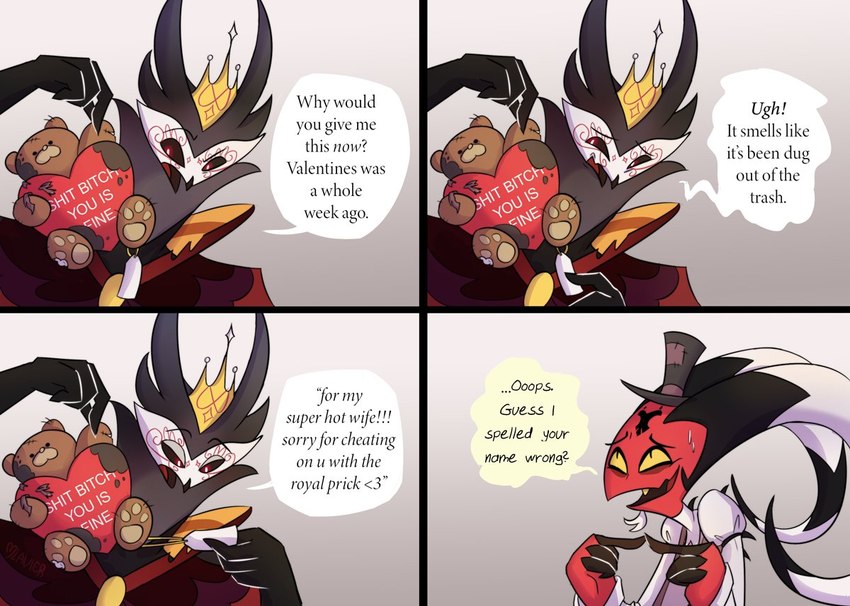 anthro dialogue duo feathers grey_body grey_feathers humor male plushie red_body red_skin teddy_bear text yellow_eyes mlavieer helluva_boss cash_buckzo paimon_(helluva_boss) avian bird humanoid imp owl owl_demon english_text