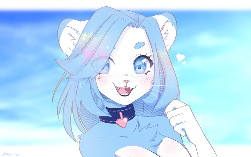 5_fingers blue_body blue_eyes blue_fur blue_hair breasts collar day detailed_background female fingers fur hair open_mouth outside sky smile solo teeth tongue white_body white_fur nayel-ie domestic_cat felid feline felis mammal headshot_portrait hi_res portrait