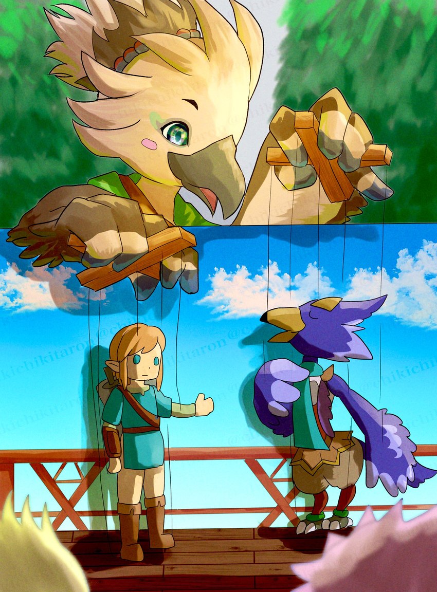 anthro beak black_beak blonde_hair blue_body blue_eyes blue_feathers feathers hair male puppet puppet_show puppeteer smile young young_anthro chikichikitaron breath_of_the_wild nintendo tears_of_the_kingdom the_legend_of_zelda link revali tulin_(tloz) avian rito hi_res