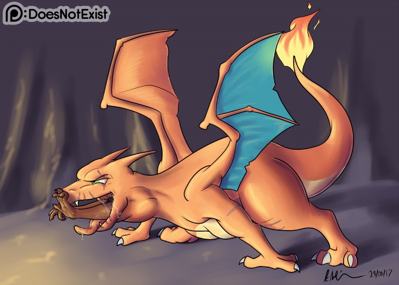 ambiguous_gender blue_body blue_skin bodily_fluids crouching drooling duo fangs feral fire green_eyes neck_bulge open_mouth orange_body orange_scales saliva scales scar swallowing tail teeth tongue tongue_out vore wings doesnotexist mythology nintendo pokemon bryce_daeless charizard_seven fan_character charizard dragon eurasian_otter generation_1_pokemon lutra mammal mustelid mythological_creature mythological_scalie otter pokemon_(species) river_otter scalie 2017 digital_media_(artwork) hi_res