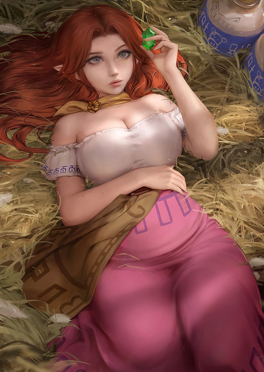 big_breasts bottle bottomwear breasts cleavage clothed clothing container dress female gem hair hay humanoid_pointy_ears looking_at_object lying milk_bottle milk_container not_furry off_shoulder on_back orange_hair pointy_ears rupee skirt solo kittew nintendo ocarina_of_time the_legend_of_zelda malon humanoid hylian 2022 hi_res