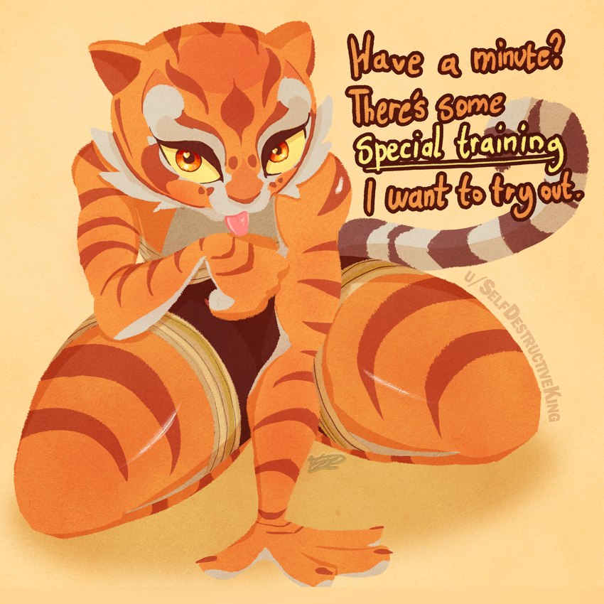 4_fingers anthro bedroom_eyes binder_(restraint) bottomwear clothing countershading dialogue eyeliner female fingers frog_pose fur glistening glistening_body kneeling licking makeup markings muscular narrowed_eyes orange_body orange_fur orange_markings orange_pupils paw_pose pink_tongue pose pupils restraints seductive self_lick shorts simple_background solo stripes tail text thick_thighs tongue tongue_out white_body white_fur wrappings yellow_eyes selfdestructking dreamworks kung_fu_panda master_tigress felid mammal pantherine tiger 1:1 digital_media_(artwork) digital_painting_(artwork) english_text hi_res