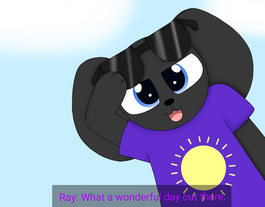 anthro black_body black_fur blue_eyes clothing color_coded_text dialogue eyewear eyewear_on_head floppy_ears fur male open_mouth purple_clothing purple_shirt purple_topwear raised_arm shirt solo sunglasses sunglasses_on_head text toony topwear artziidubz puppies_in_paradise ray_(puppies_in_paradise) bird_dog canid canine canis domestic_dog hunting_dog island_puppy labrador mammal retriever 2024 digital_drawing_(artwork) digital_media_(artwork) english_text hi_res