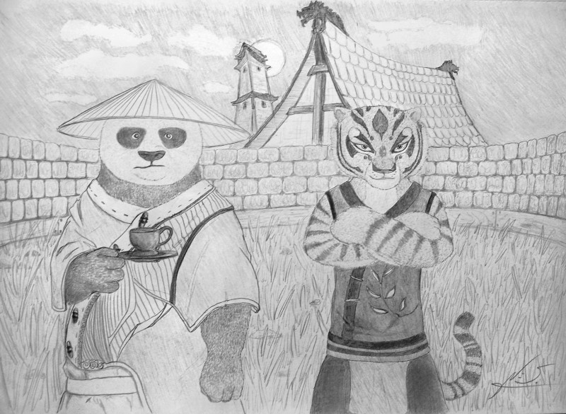 anthro black_body black_fur black_nose brick_wall chinese clothing crossed_arms determined dragon_statue duo facial_markings female fisheye_lens fur hat head_markings headgear headwear holding_object kung_fu looking_at_viewer male markings reed_hat text tower unsure village wall_(structure) white_body white_fur holt5 dreamworks kung_fu_panda master_po_ping master_tigress bear felid giant_panda mammal pantherine tiger english_text graphite_(artwork) hi_res monochrome traditional_media_(artwork)