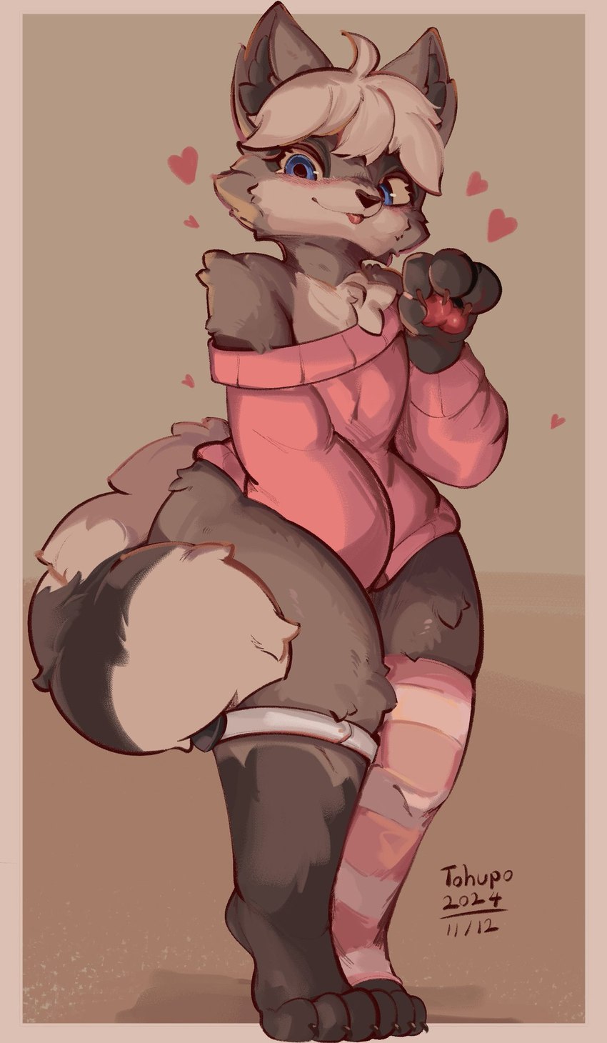 anthro blep clothing femboy legwear male solo thigh_highs tongue tongue_out conditional_dnp tohupo dattie mammal procyonid raccoon 2024 hi_res