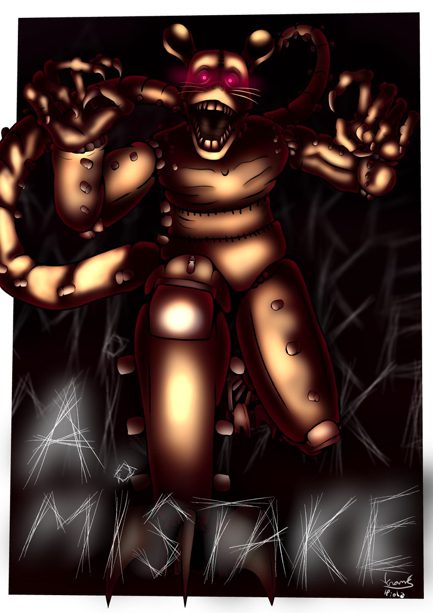 anthro border dark_lighting fingers front_view glowing glowing_eyes gradient_background hostile looking_at_viewer looking_down machine male metal_claws one_knee_forward pose rat_tail red_eyes red_light simple_background solo tail text white_border hpiola fazbear_fanverse five_nights_at_candy's five_nights_at_candy's_3 five_nights_at_freddy's scottgames monster_rat_(fnac) rat_(fnac) the_rat animatronic mammal monster murid murine rat robot rodent 2024 digital_media_(artwork) hi_res signature