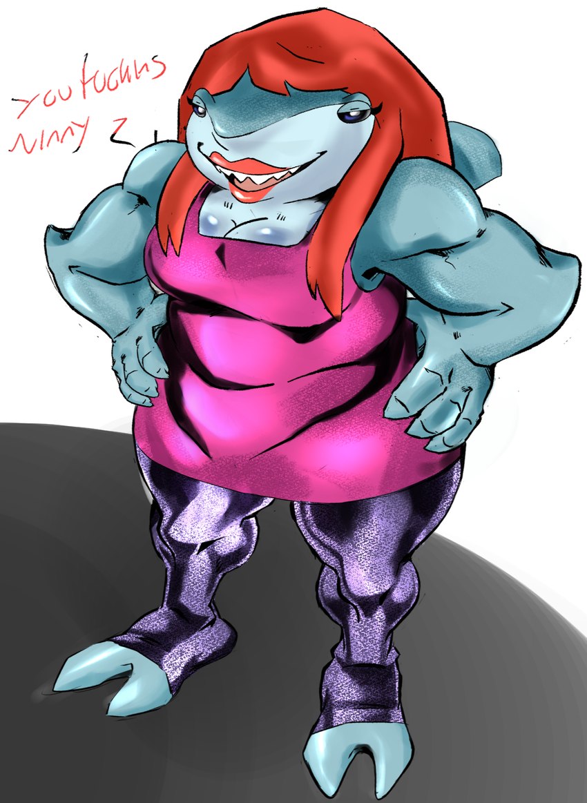 anthro breasts clothing dress female hair highlights_(coloring) lips red_hair red_highlights red_lips enter101 dc_comics harley_quinn_(series) king_shark fish mammal marine shark hi_res