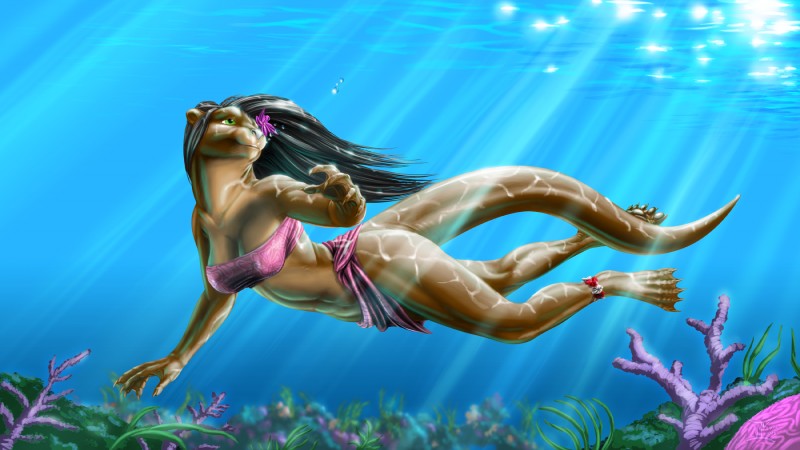 5_fingers 5_toes anthro black_hair breasts clothed clothing feet female fingers green_eyes hair membrane_(anatomy) solo swimming tail toes underwater water webbed_feet webbed_hands jackrow lei-lani mammal mustelid otter 2015 digital_media_(artwork) hi_res