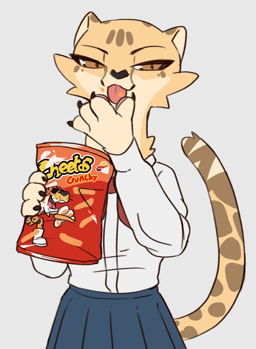 anthro bottomwear clothed clothing eating female food front_view fully_clothed furgonomics holding_food holding_object shirt skirt solo tail tail_through_skirt tongue tongue_out topwear el-k cheetos akino_(el-k) cheetah felid feline mammal 2021 hi_res portrait three-quarter_portrait