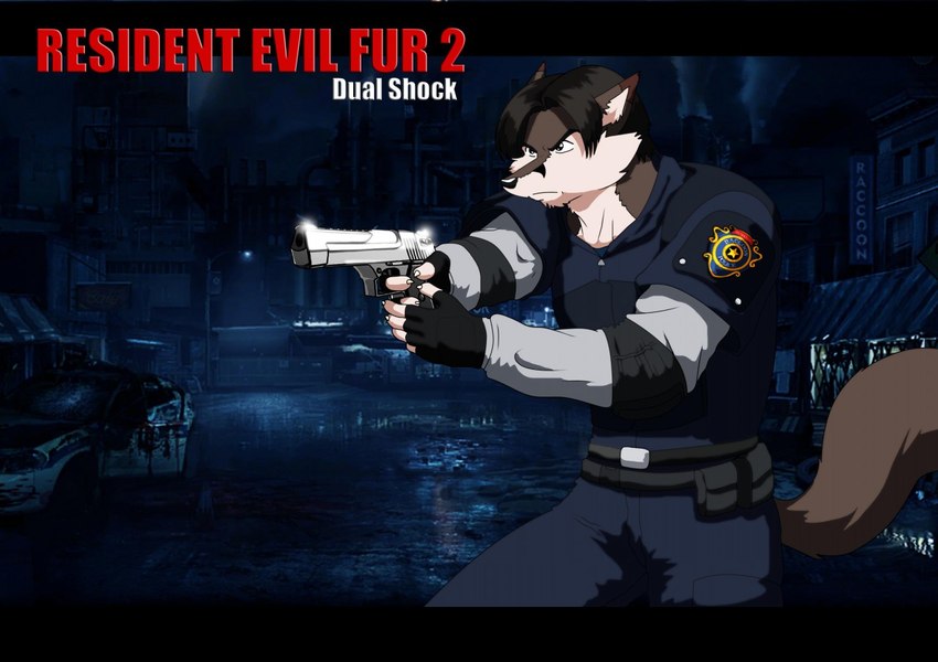 anthro brown_body brown_fur brown_hair clothed clothing cosplay fingerless_gloves fur gloves gun hair handgun handwear male pistol police police_uniform ranged_weapon solo text uniform weapon xxsparcoxx capcom resident_evil leon_kennedy wildert_(xxsparcoxx) canid canine canis mammal wolf 2015 digital_media_(artwork) english_text