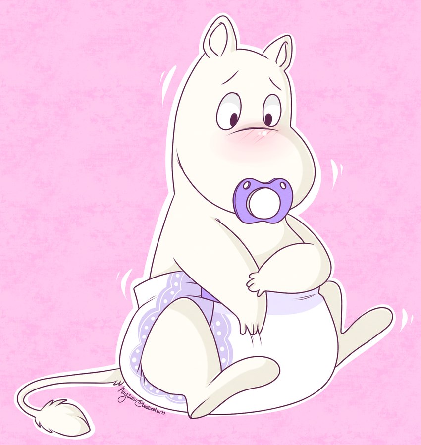 ageplay anthro blush clean_diaper clothed clothing diaper diaper_only infantilism looking_down male object_in_mouth pacifier pacifier_in_mouth roleplay simple_background sitting solo tail topless wearing_diaper white_body heyitsjaq the_moomins moomintroll mammal moomin digital_media_(artwork) hi_res