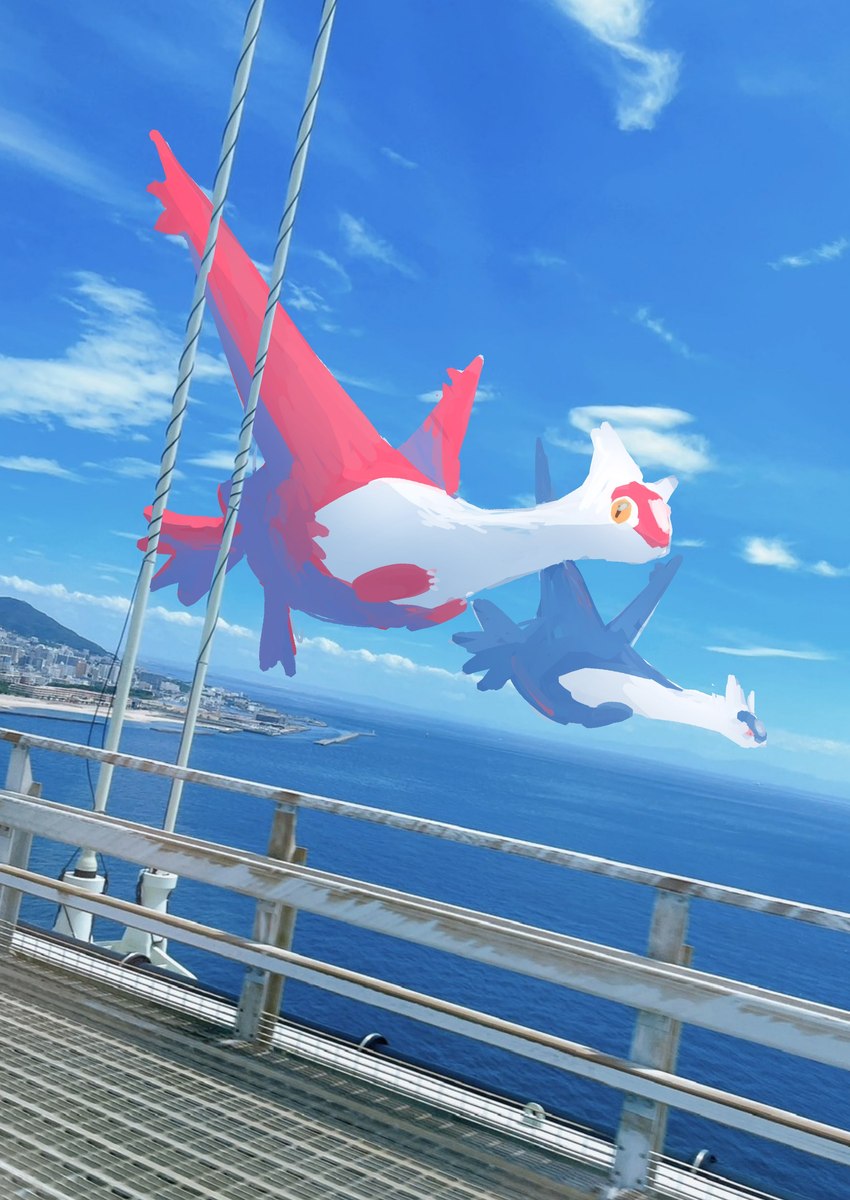 ambiguous_gender claws cloud duo feral flying looking_at_viewer multicolored_body orange_eyes red_eyes sea sky water 7_phi_3 nintendo pokemon generation_3_pokemon latias latios legendary_pokemon pokemon_(species) 2025 absurd_res hi_res female_(lore) male_(lore)