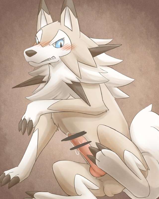 blue_eyes blush bodily_fluids cum cum_on_penis feral genital_fluids genitals looking_at_viewer male penis solo teeth manoreo nintendo pokemon canid canine generation_7_pokemon lycanroc mammal midday_lycanroc pokemon_(species) 4:5 censored hi_res